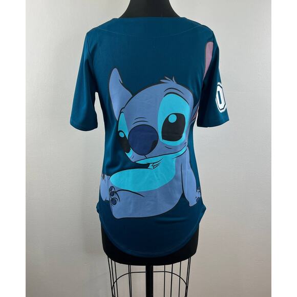NEW Disney Blue Short Sleeve V-Neck Button Down Lilo Stitch Baseball Top Size M - Picture 3 of 8